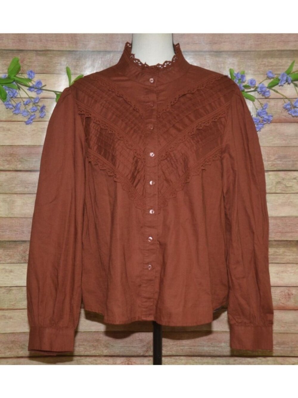 Ladies L Brown Vintage Retro High Neck Pintuck Long Sleeve Blouse Lace Cotton